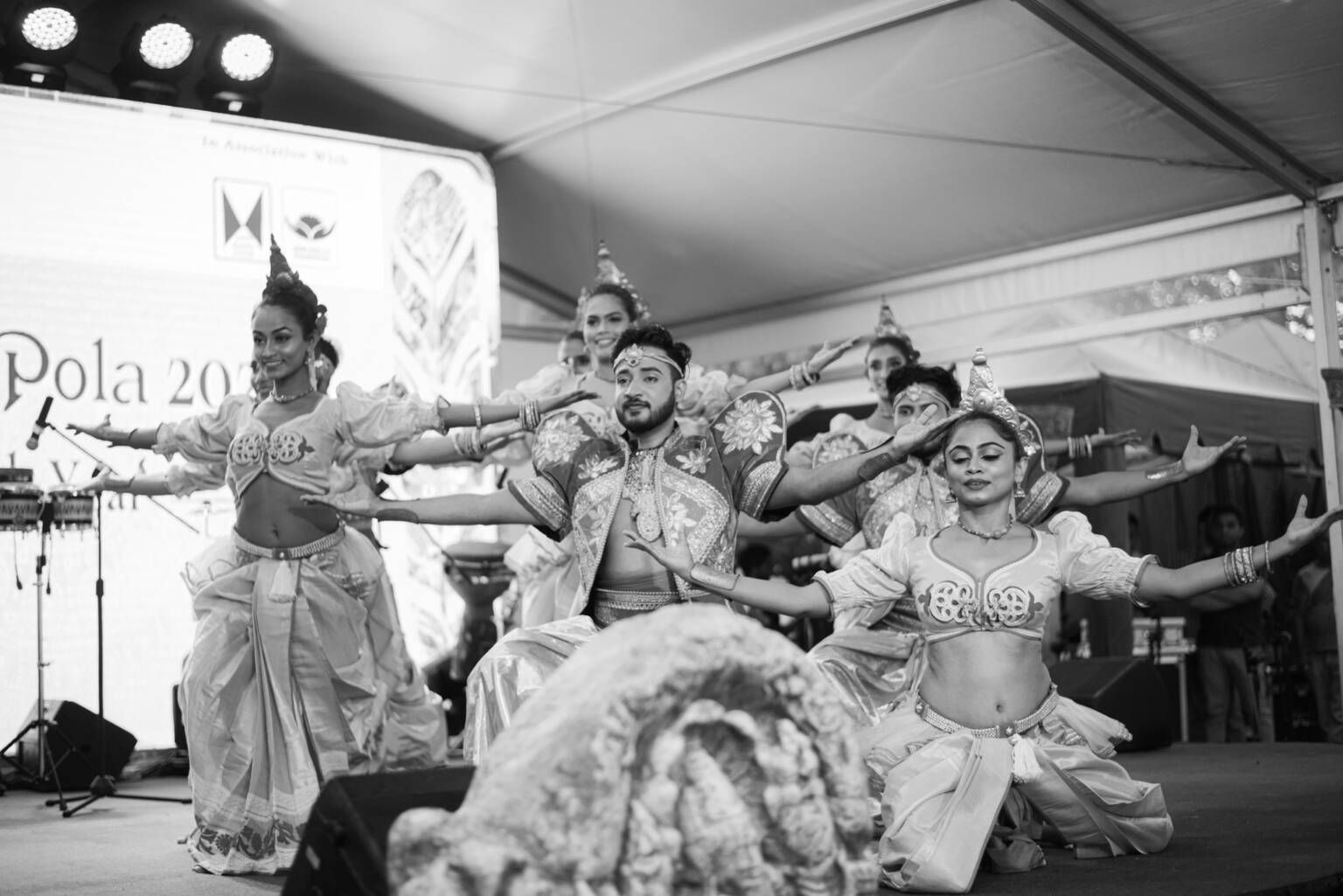 A woman in a striking costume dances joyfully, emphasizing the beauty of her attire and the fluidity of her movements.

