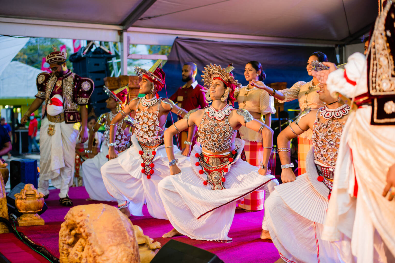 A collective of dancers in traditional garments showcasing a lively dance performance.